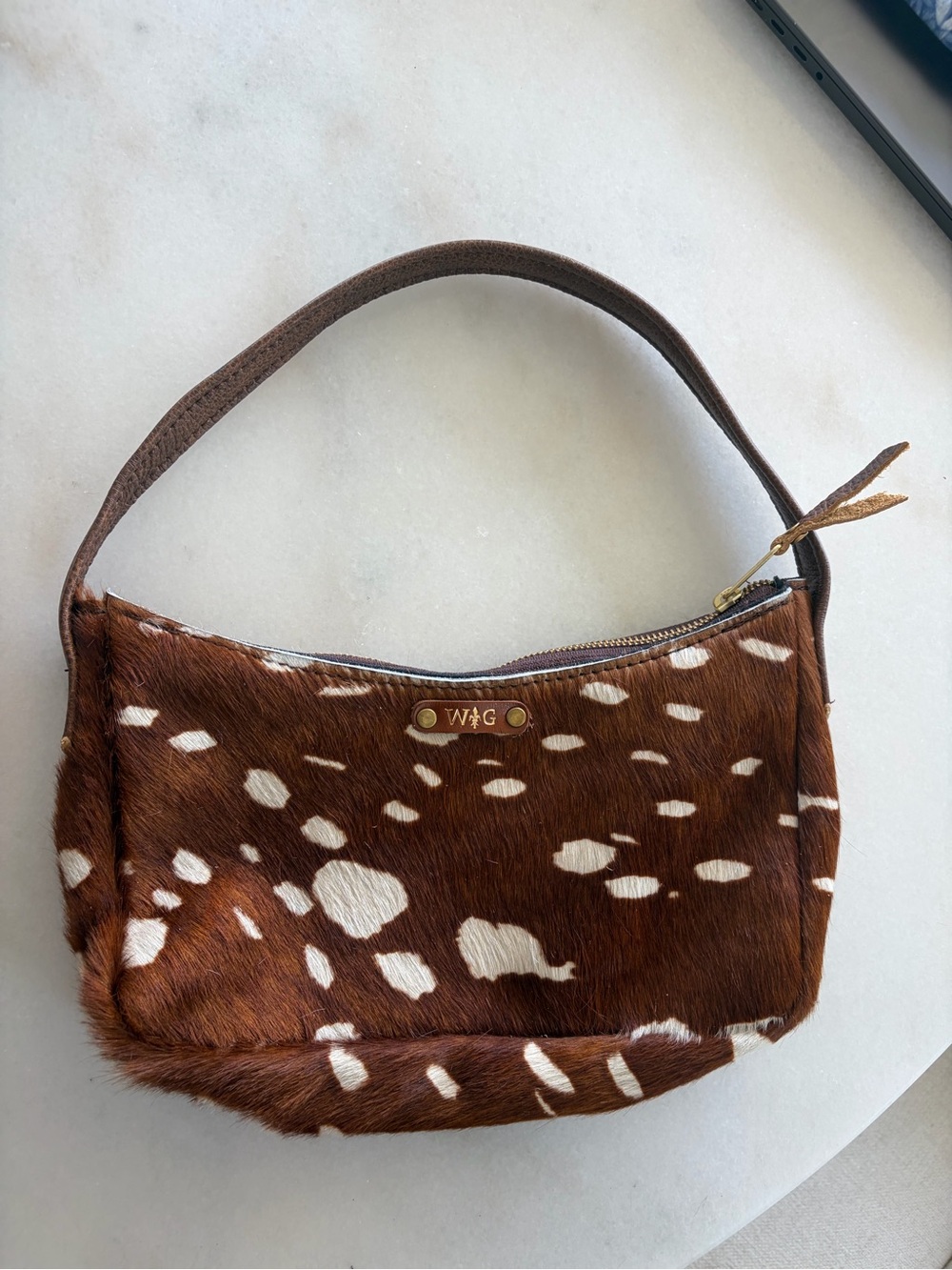 Brown and White Deer Print Bambi Leather Shoulder Bag